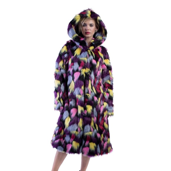 FURROCIOUS FURR Women's Multi Color Faux Fur Coat for Festivals, Burning Man